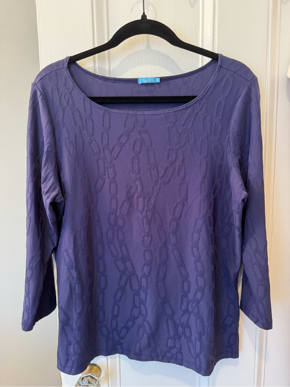 J. McLaughlin Navy Purple Chain-Texture Long Sleeve Scoop Neck Top Blouse
